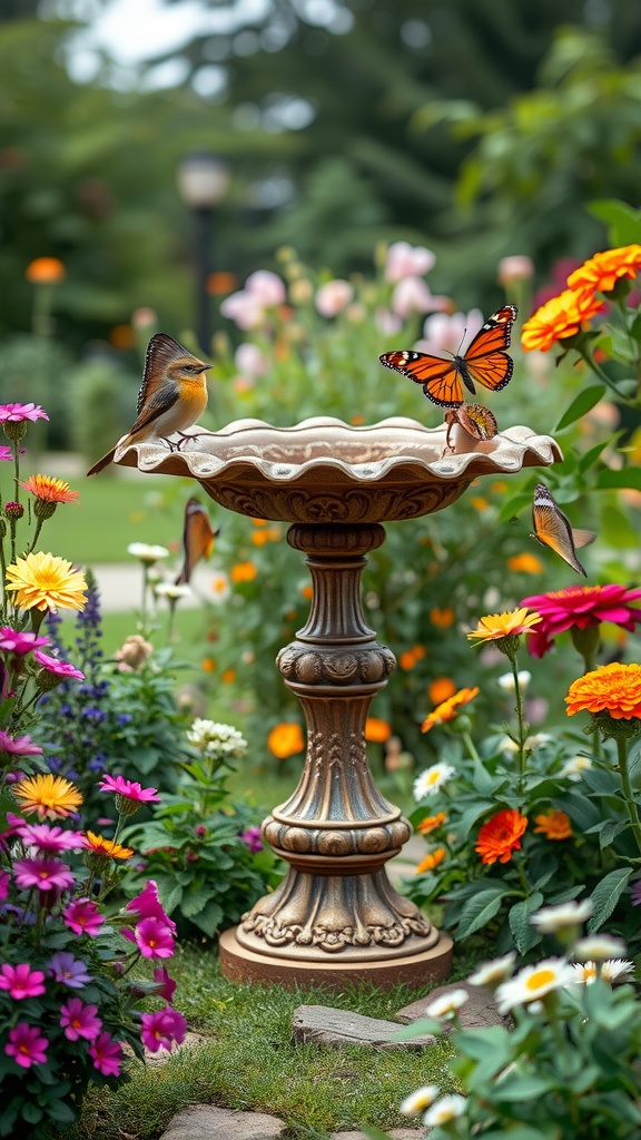 A vintage birdbath surrounded by colorful flowers with birds and butterflies.