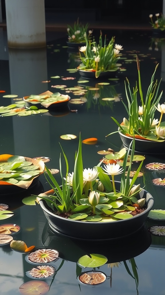 Floating aquatic plant containers with water lilies and lily pads