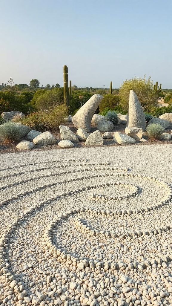 Image of an artistic gravel labyrinth with smooth stones and large rocks in a desert garden