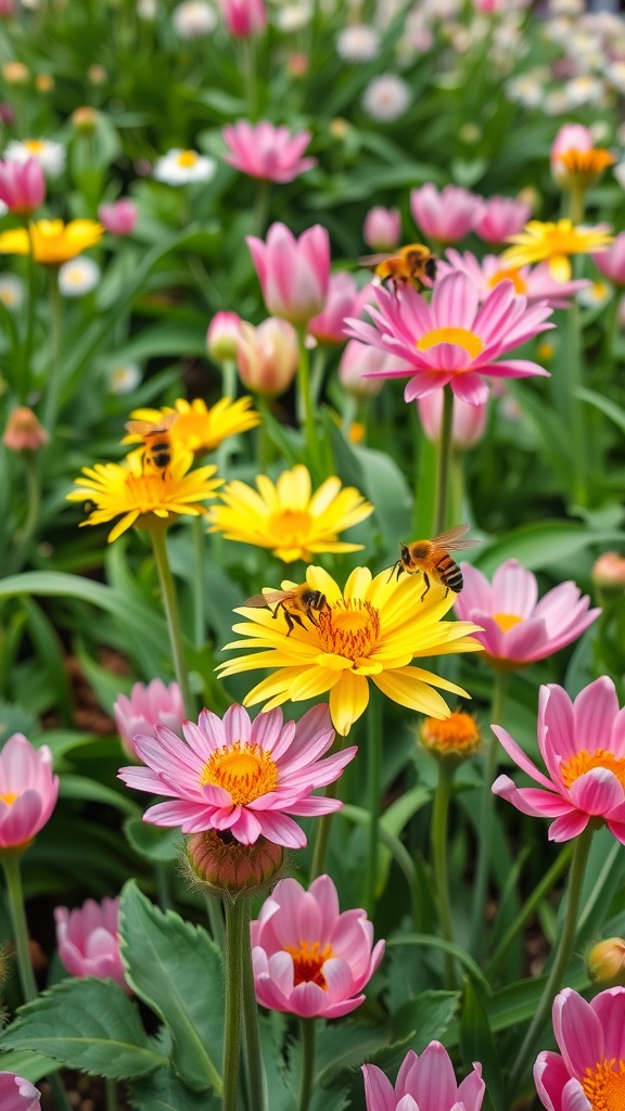 A colorful garden filled with yellow and pink flowers, with bees buzzing around them.