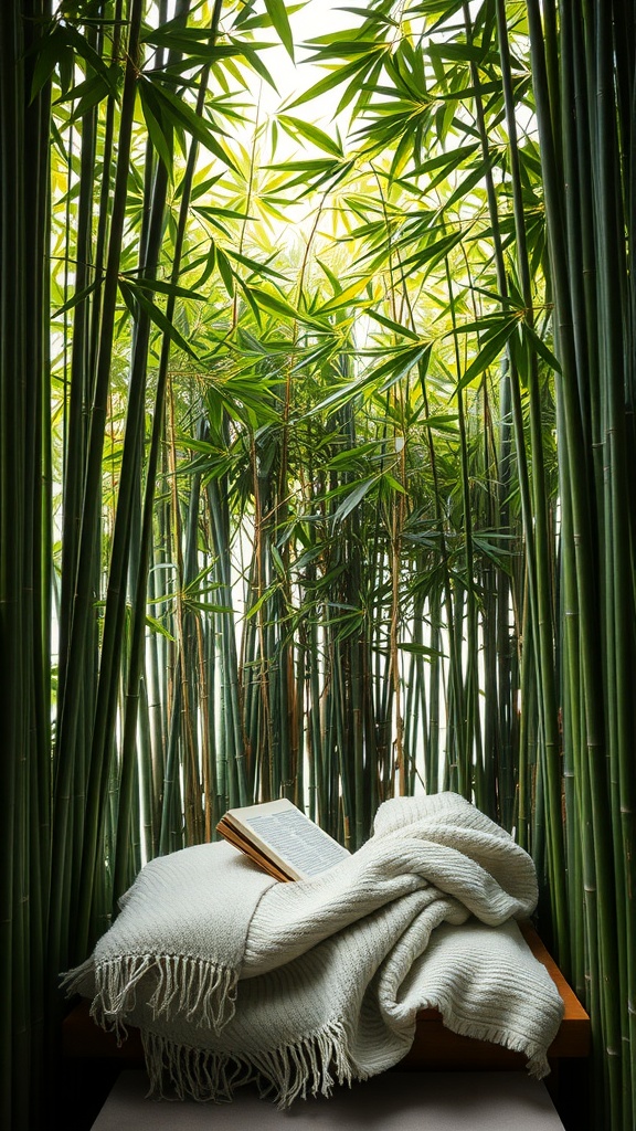 A cozy reading nook surrounded by tall bamboo stalks with a blanket and an open book on a wooden bench.