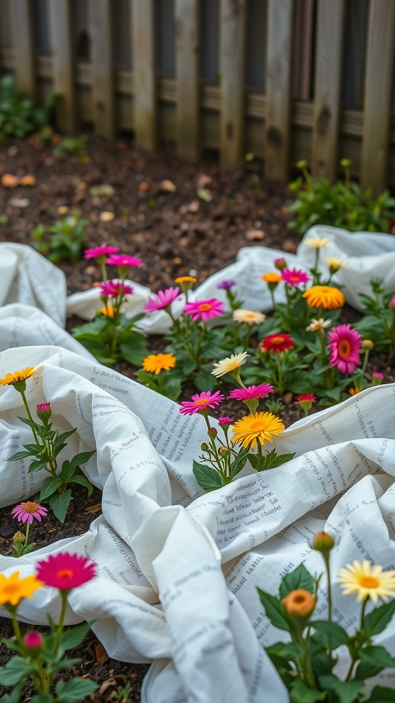 Colorful flowers growing through a biodegradable fabric in a garden