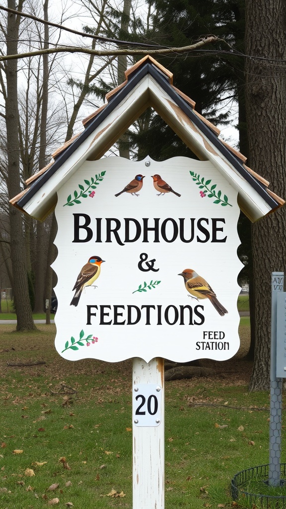 A decorative garden sign that reads 'Birdhouse & Feedtions' with illustrations of birds and floral accents.