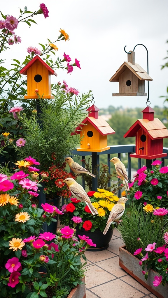 A vibrant terrace garden featuring colorful birdhouses and feeders surrounded by blooming flowers and birds.