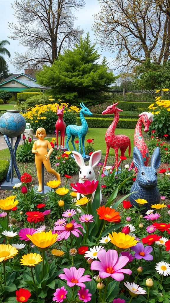 Colorful sculptures and art in a garden filled with flowers