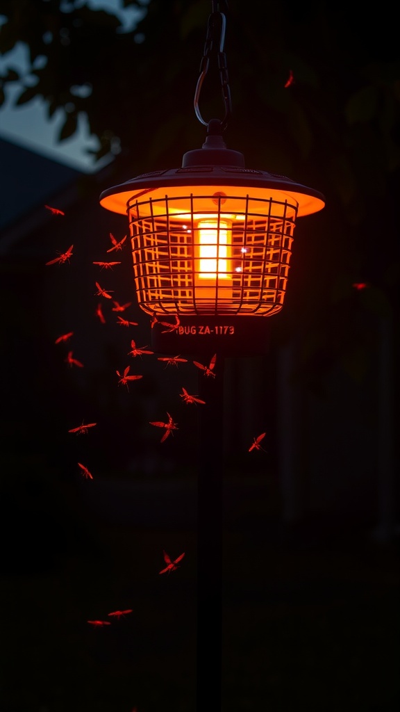 A glowing bug zapper with mosquitoes around it.