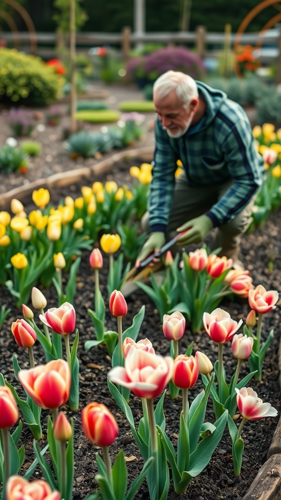 A gardener tending to a vibrant garden of tulips, showcasing bulb care and maintenance