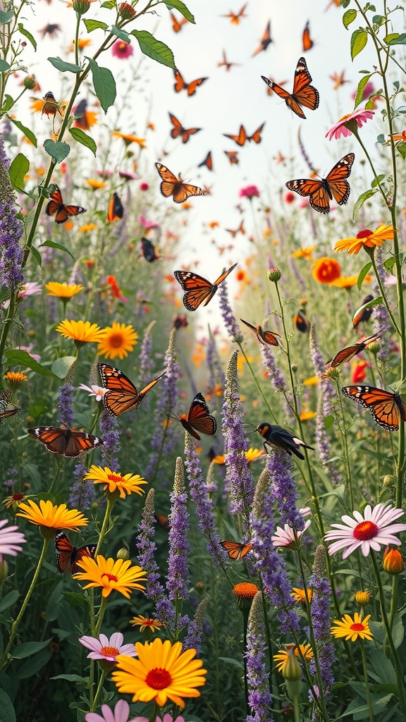 A vibrant garden filled with colorful flowers and fluttering butterflies.