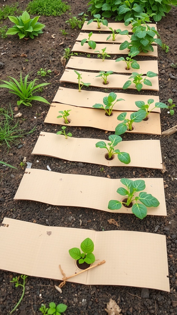 Seedlings growing through cardboard strips in a garden bed.
