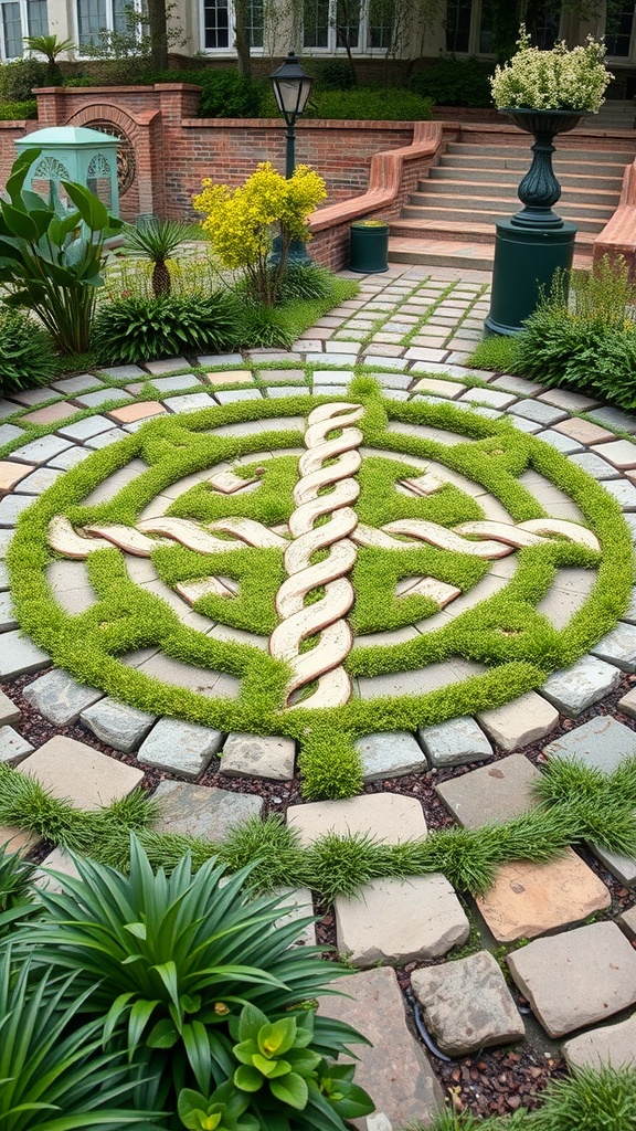A garden path featuring a Celtic knot design made with stones and greenery.