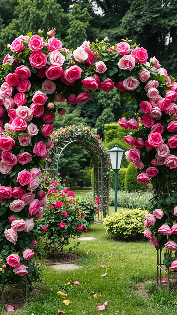 A garden with vibrant pink and white roses on classic arches, leading to a lush green area.