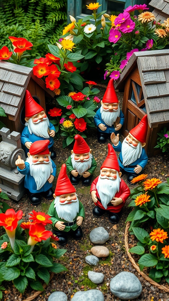 A colorful garden gnome village with gnomes surrounded by vibrant flowers and small wooden houses.