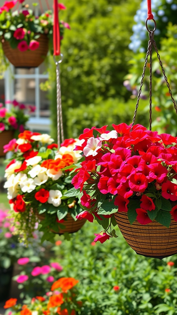 Vibrant hanging flower baskets with a mix of red, white, and orange flowers in a garden setting