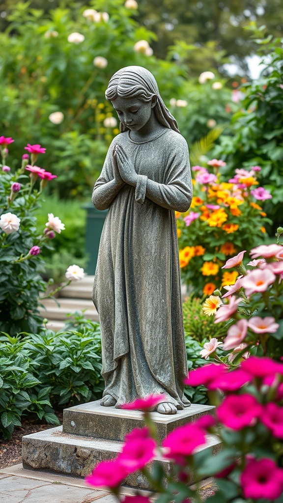 A vintage statue of a young girl praying in a flower garden, surrounded by colorful blooms.