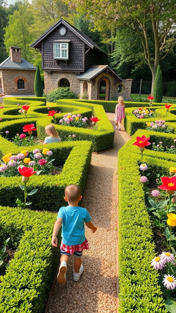 Children exploring a maze garden with colorful flowers and a house in the background