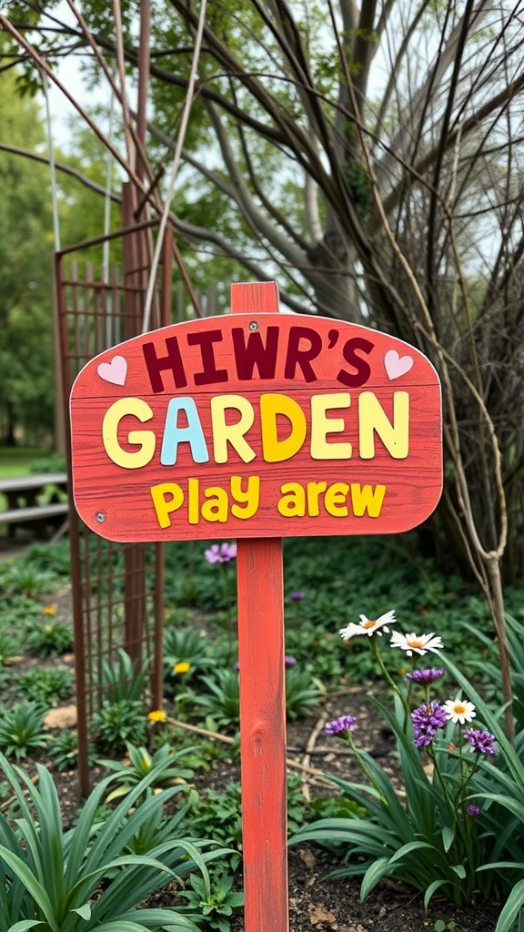 A colorful wooden sign that reads 'HIWR's GARDEN Play arew' surrounded by flowers in a garden.