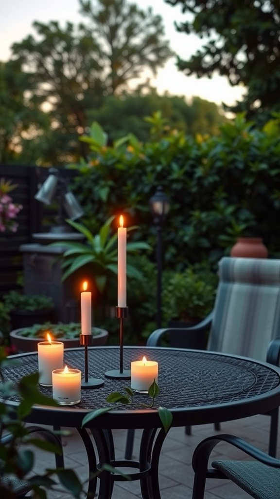 A cozy outdoor setting with citronella candles on a table.