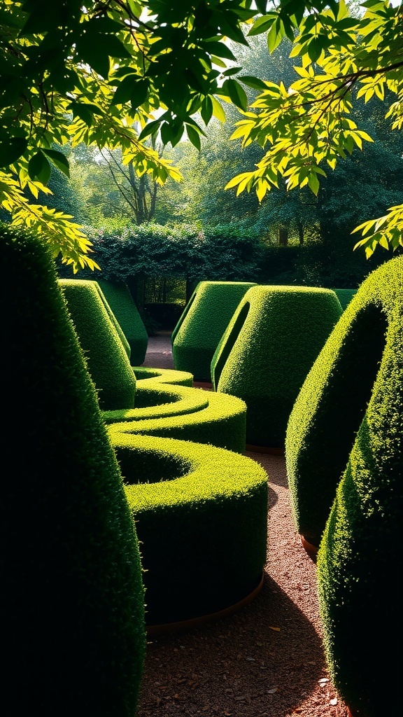 A classic hedge labyrinth design featuring lush green hedges shaped into flowing curves, illuminated by sunlight filtering through leaves.