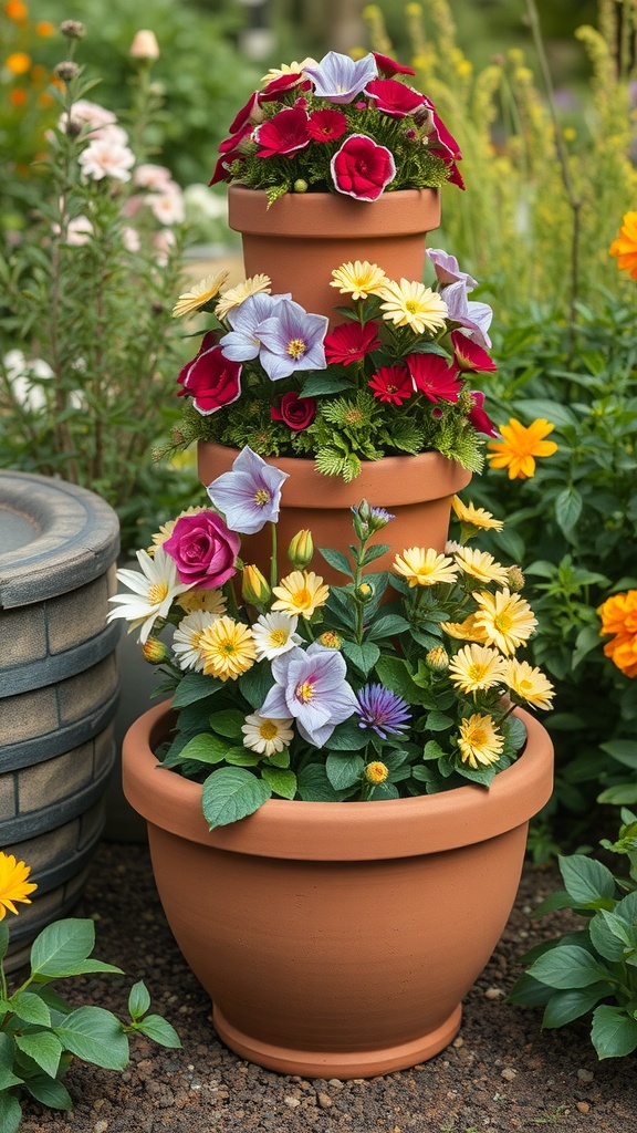Colorful clay pot tower planter with flowers