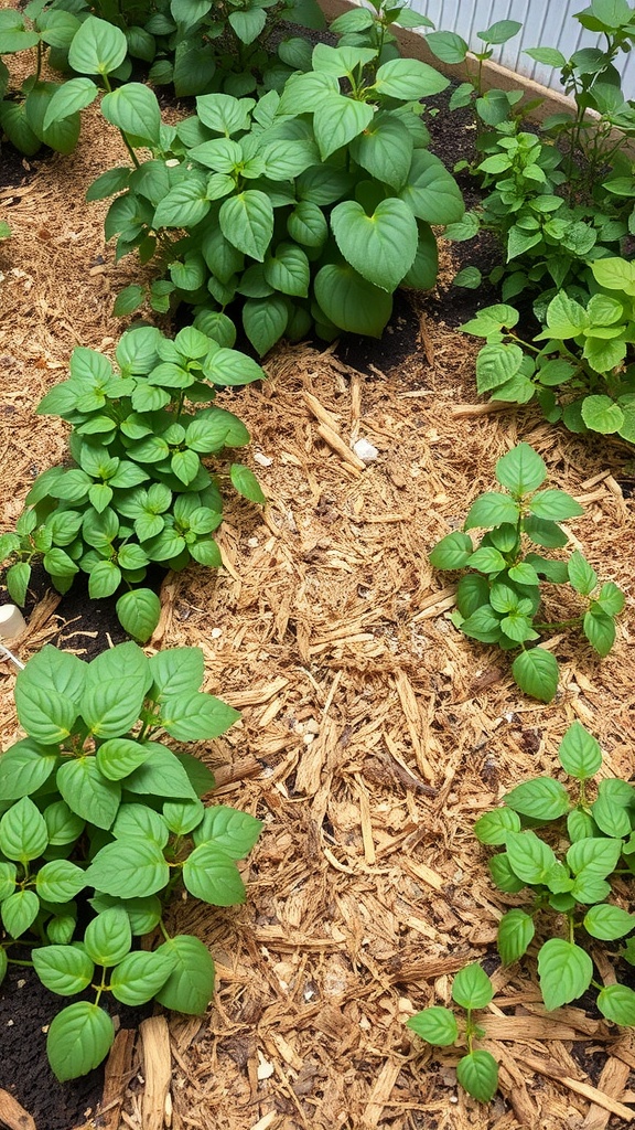A garden with green plants surrounded by coconut coir matting, illustrating the benefits of using natural materials for weed control.