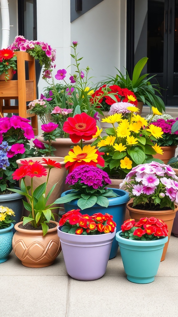 A variety of colorful flower pots arranged together, showcasing vibrant flowers including geraniums, petunias, and daisies.