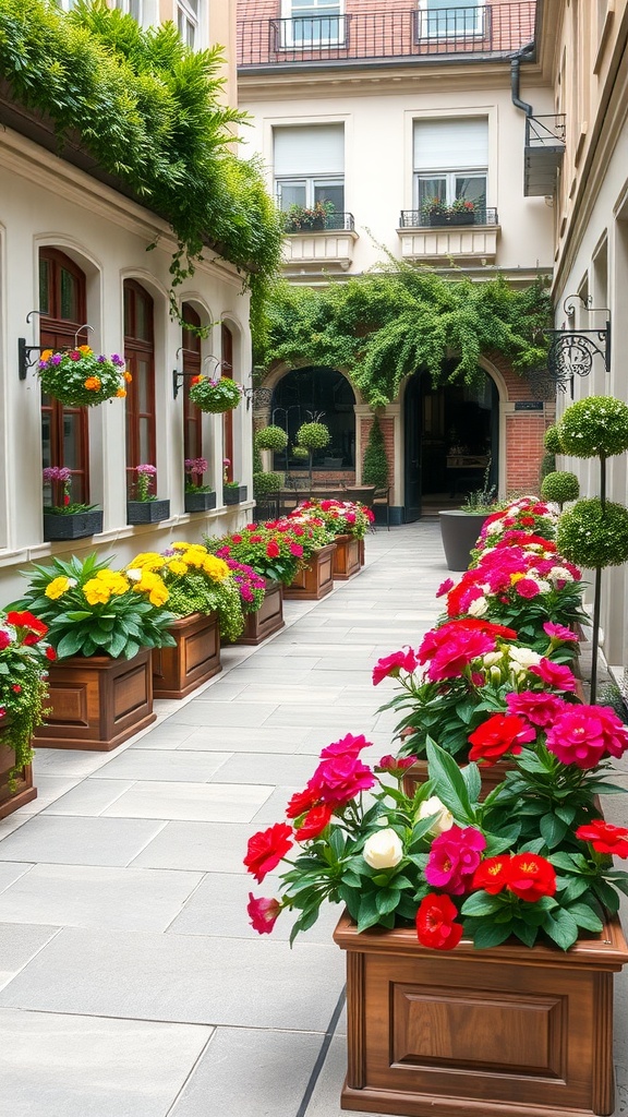 Colorful flower beds in wooden raised planters on a terrace.