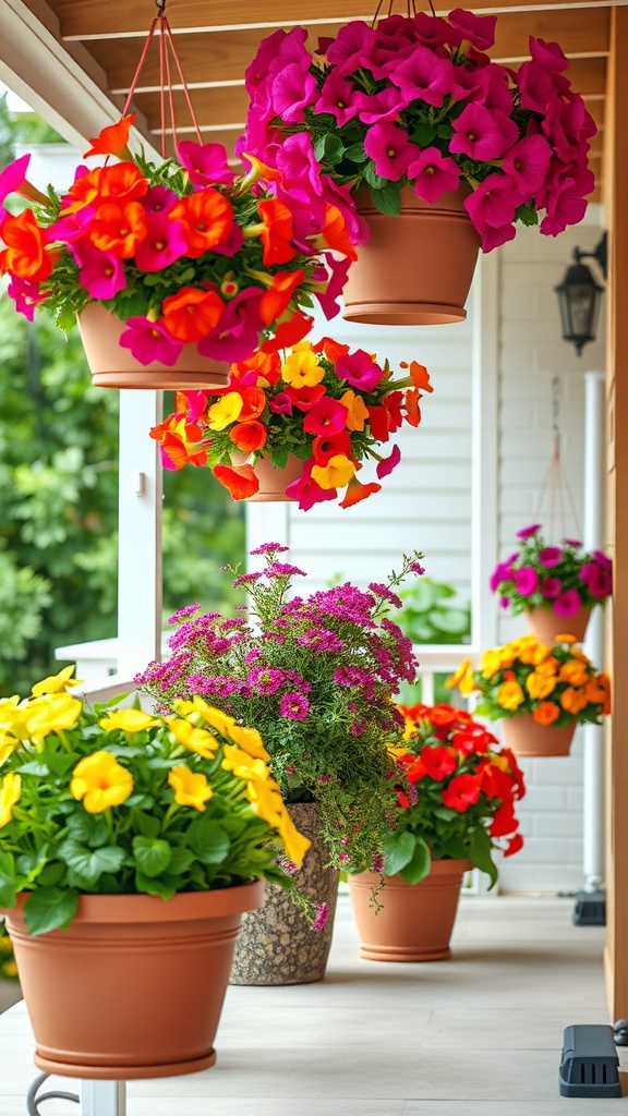 Colorful hanging planters filled with vibrant flowers on a patio.