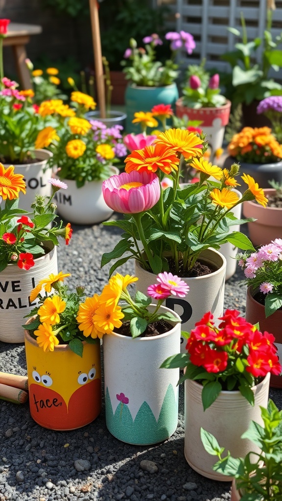 Colorful upcycled planters filled with various flowers in a garden setting