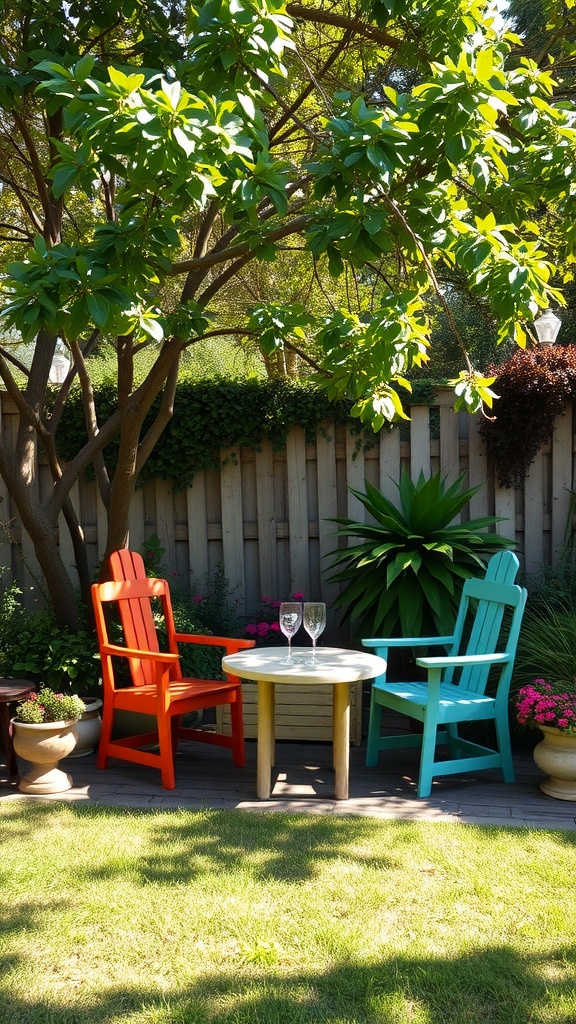 Two colorful vintage chairs, one orange and one turquoise, with a round table in between, set in a garden with greenery and flowers.