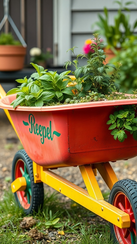 Colorful wheelbarrow filled with herbs in a garden setting.