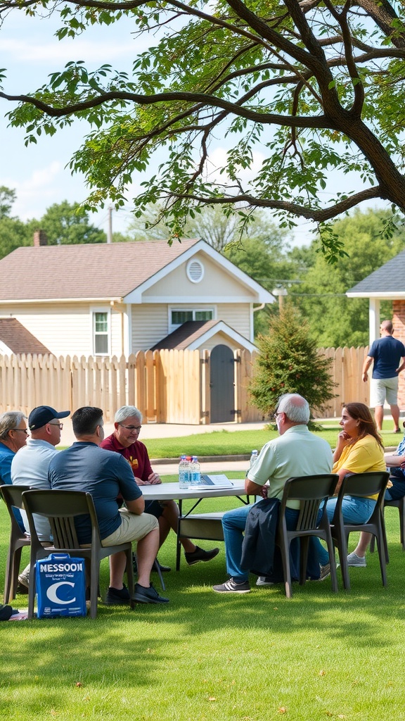 A group of people discussing mosquito control strategies in a community meeting.