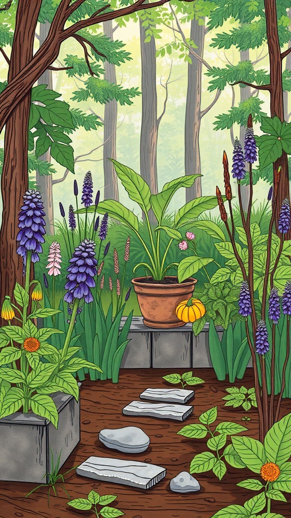 Illustration of a forest garden with various plants, flowers, and a stone pathway.