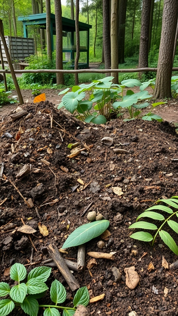 Compost pile with surrounding plants in a forest garden