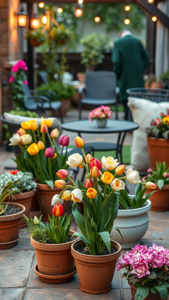 Colorful tulips and other flowers in terracotta pots on a patio