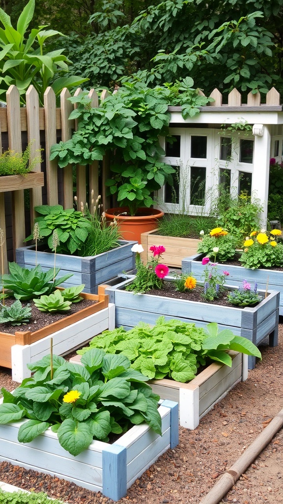 Cottage-style raised garden beds filled with various plants and flowers, surrounded by greenery.