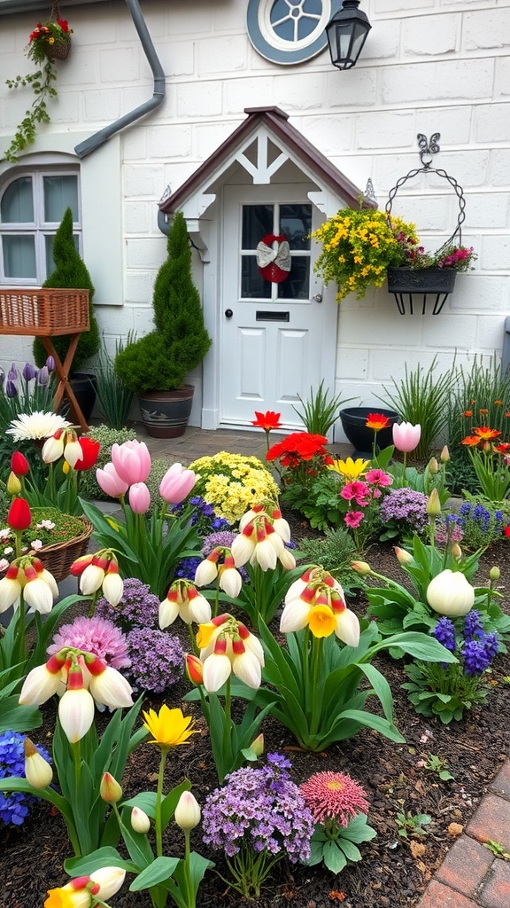 Colorful cottage garden with various flowers and bulbs near a cozy entrance.