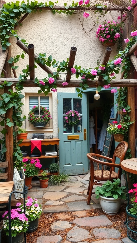 A cozy cottage garden with climbing vines and colorful flowers framing a light blue door.