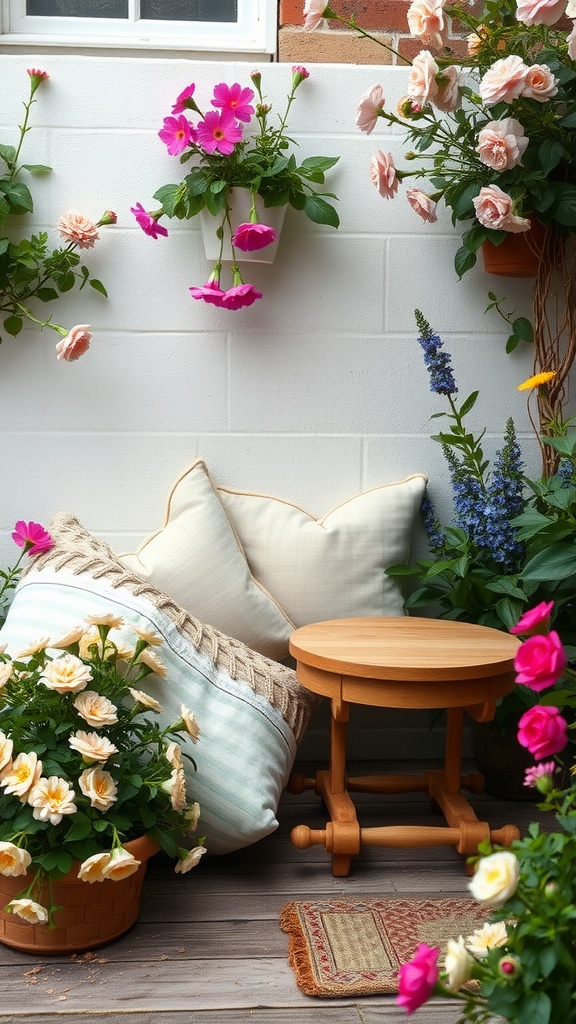 A cozy garden nook with soft pillows, colorful flowers, and a small wooden table.