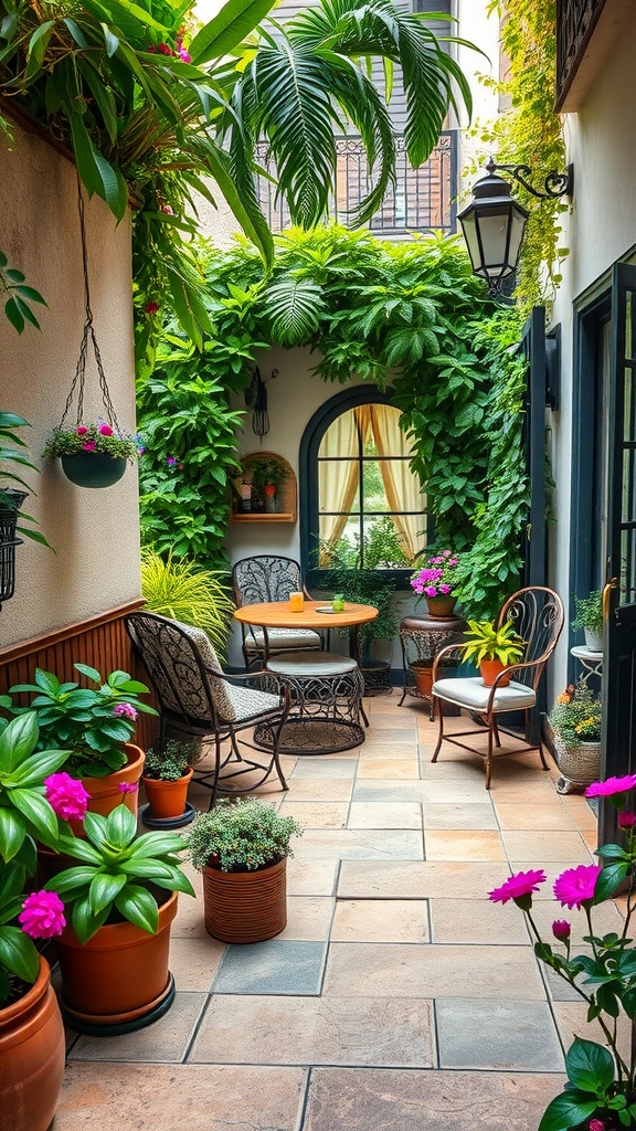 A cozy seating nook surrounded by lush greenery and colorful flowers, perfect for relaxation.