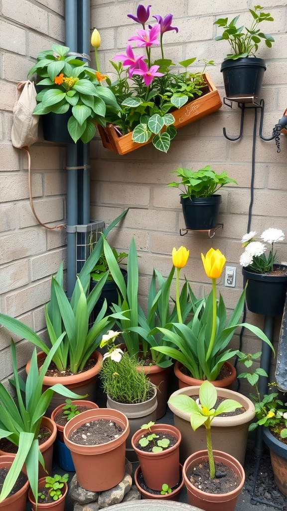 A colorful small garden with potted plants including tulips and lilies, showcasing creative use of vertical and horizontal space.