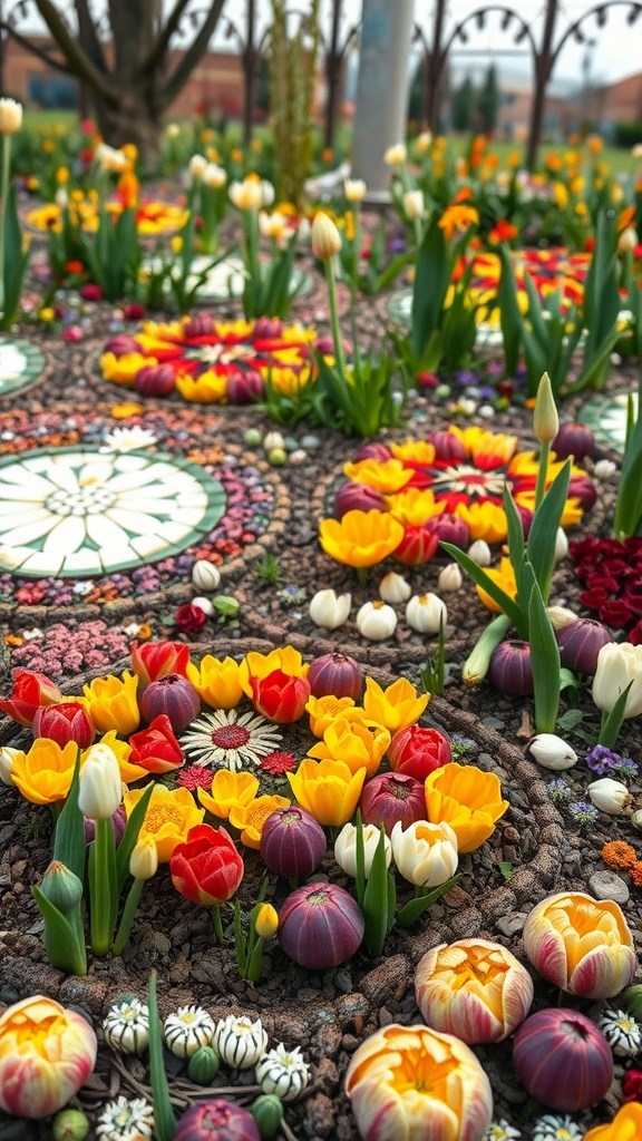 A colorful bulb mosaic featuring a variety of flowers arranged in a vibrant pattern.