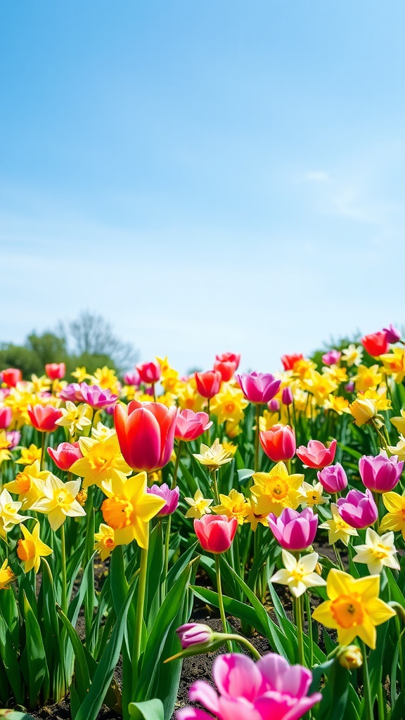 A vibrant spring garden filled with colorful tulips and daffodils under a clear blue sky.