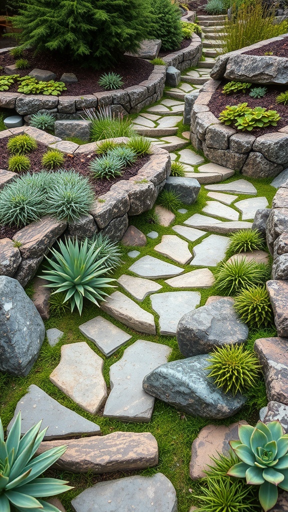 A beautifully designed stone pathway surrounded by various plants in an alpine garden.