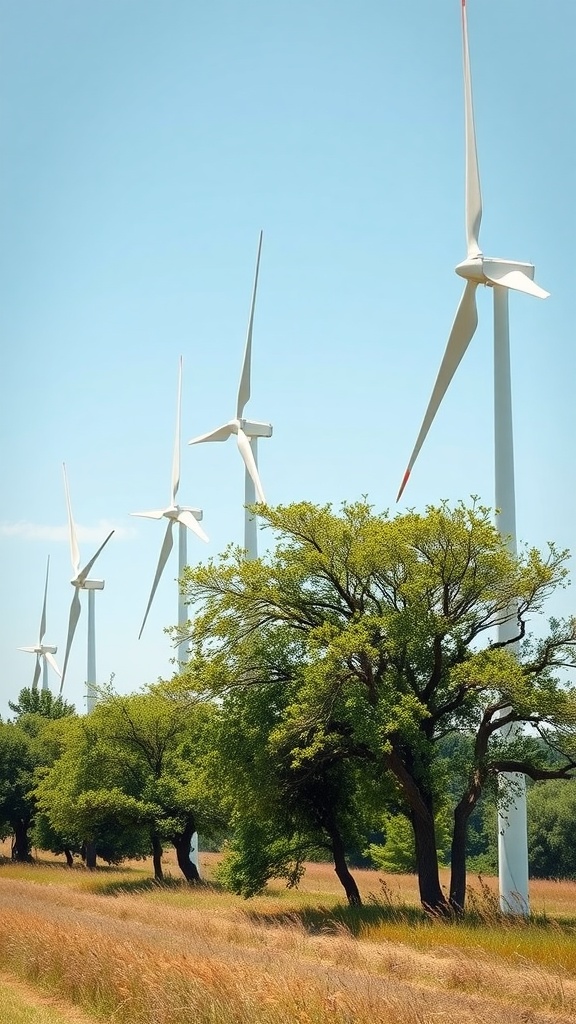Wind turbines in a field under a clear blue sky