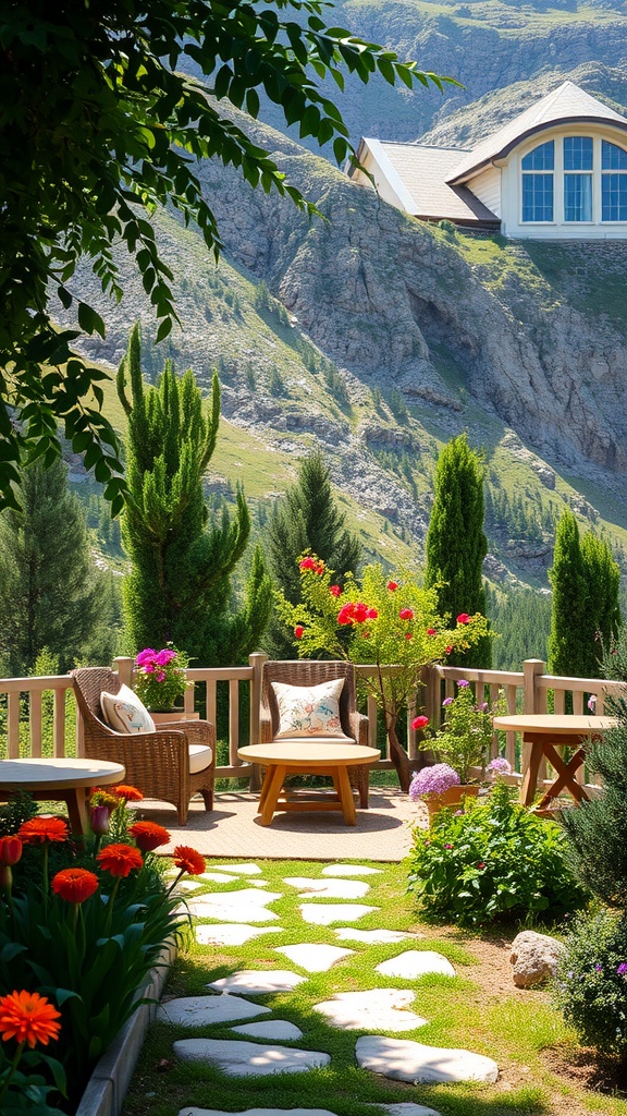 A cozy seating area in an alpine garden, featuring comfortable chairs and colorful flowers, with mountains in the background.