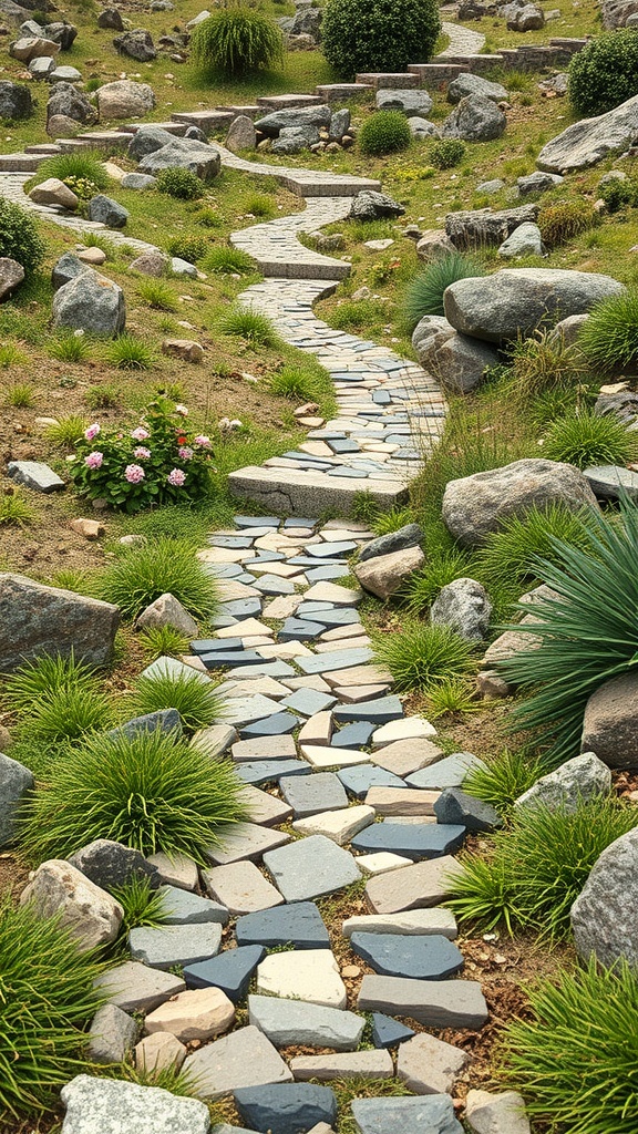 A winding pathway made of various stones, surrounded by green plants and rocky terrain in an alpine garden.