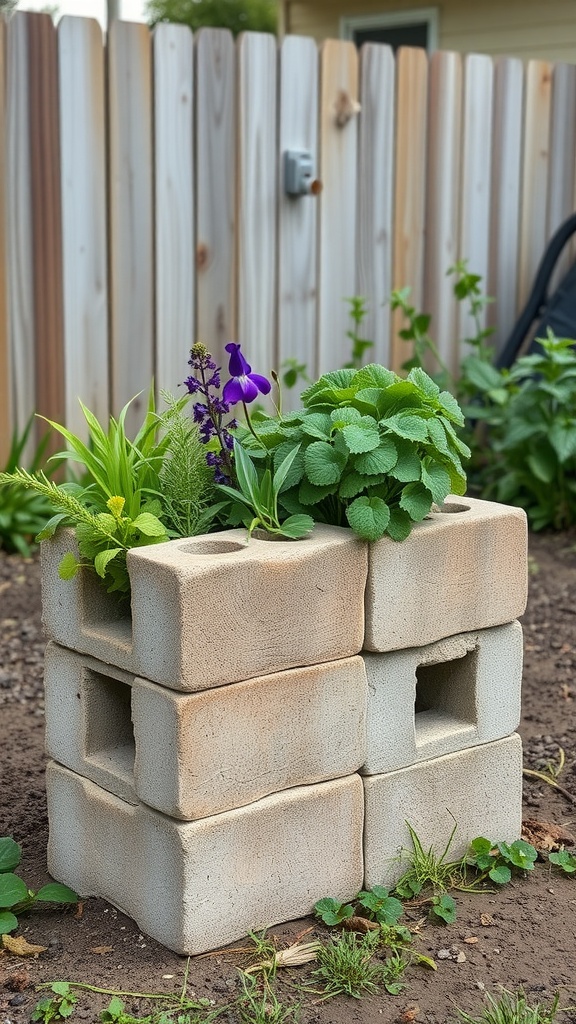 A cinder block planter filled with green plants and purple flowers against a wooden fence.