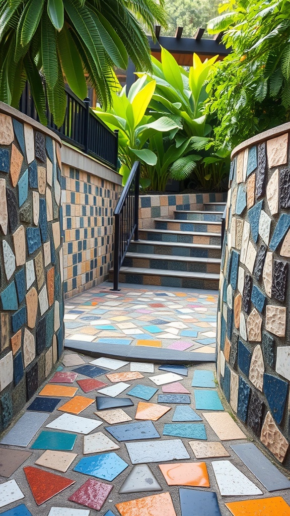 A colorful mosaic pathway in a garden, featuring various shapes and colors, surrounded by lush greenery.