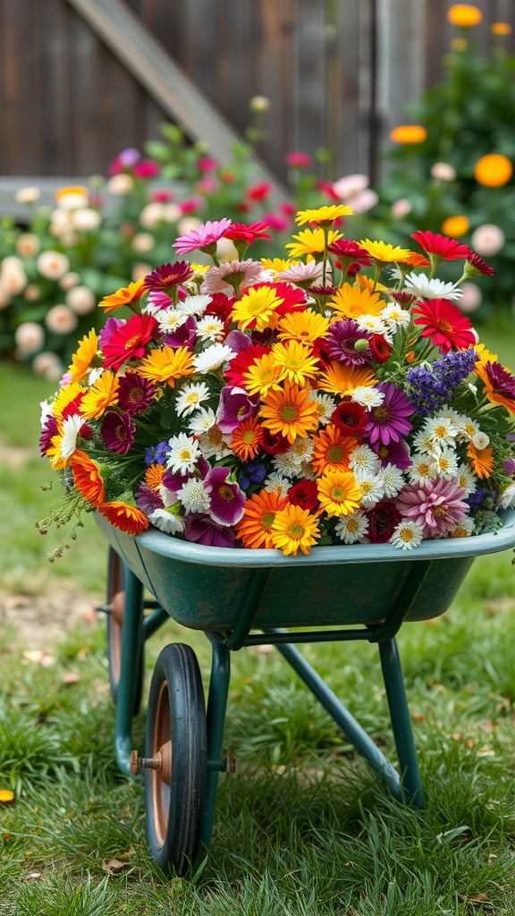 A colorful assortment of mixed annual flowers planted in a vintage wheelbarrow, set against a garden backdrop.
