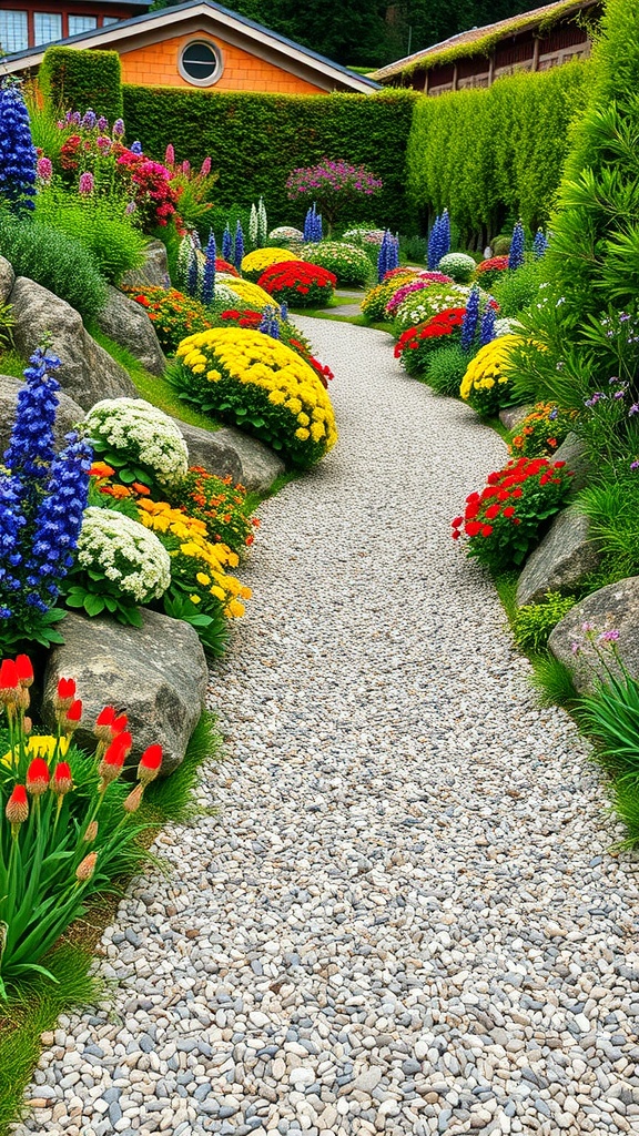 A winding gravel path lined with colorful flowers and greenery in an alpine garden